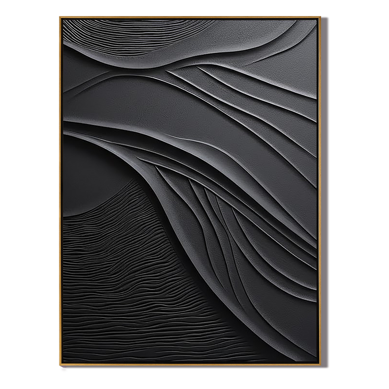 Shadow Curvature – Hand-Painted All-Black Minimalist Fluid Wave Plaster Relief Texture Painting | Bold Minimalist Bedroom & Home Office Art