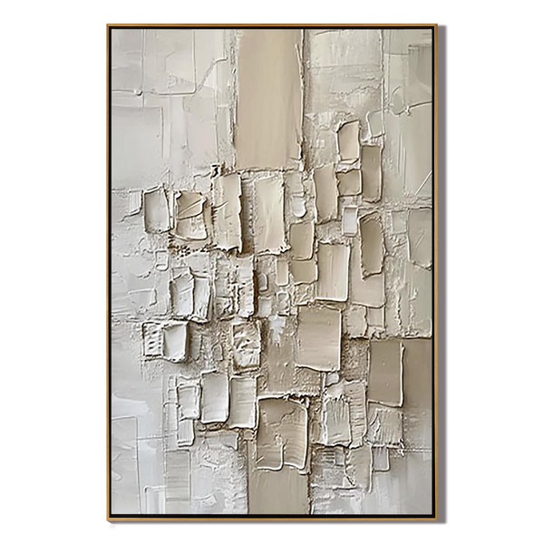 Creamy Mosaic – Hand-Painted Minimalist Off-White Geometric Block Plaster Relief Texture Painting | Modern Minimalist Bedroom & Home Office Art
