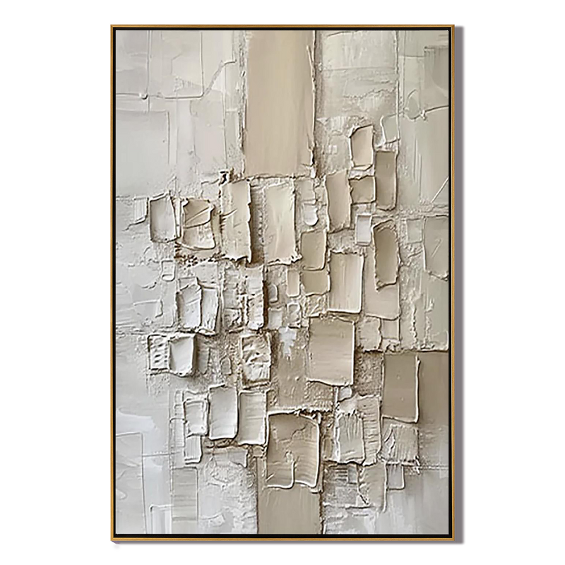 Creamy Mosaic – Hand-Painted Minimalist Off-White Geometric Block Plaster Relief Texture Painting | Modern Minimalist Bedroom & Home Office Art