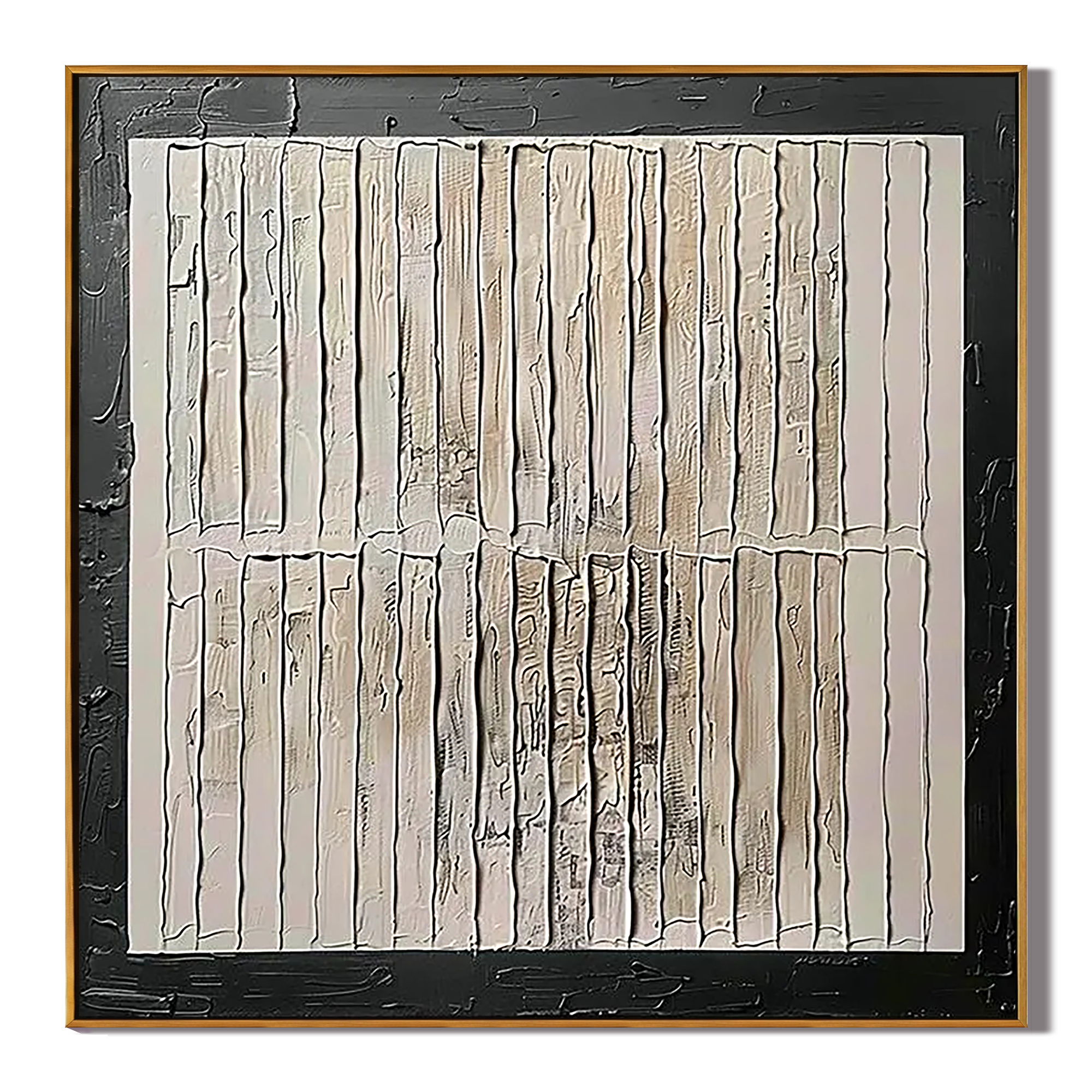 STRUCTURAL GRID: Wabi-Sabi Wall Art, Hand-Painted Black Framed Vertical Plaster Relief 3D Heavy Texture Studio Art
