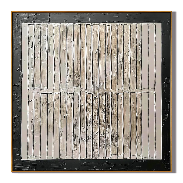 Structural Grid – Hand-Painted Black Framed Plaster Relief Wabi-Sabi Painting | Japandi Wabi-Sabi Living Room & Bedroom Art