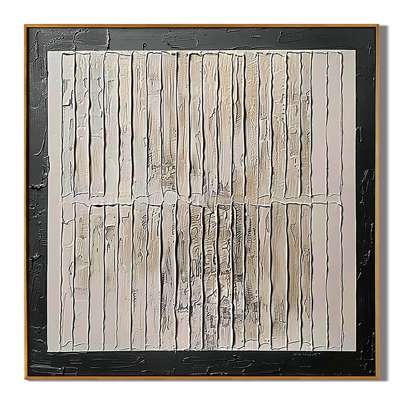 Structural Grid – Hand-Painted Black Framed Plaster Relief Wabi-Sabi Painting | Japandi Wabi-Sabi Living Room & Bedroom Art