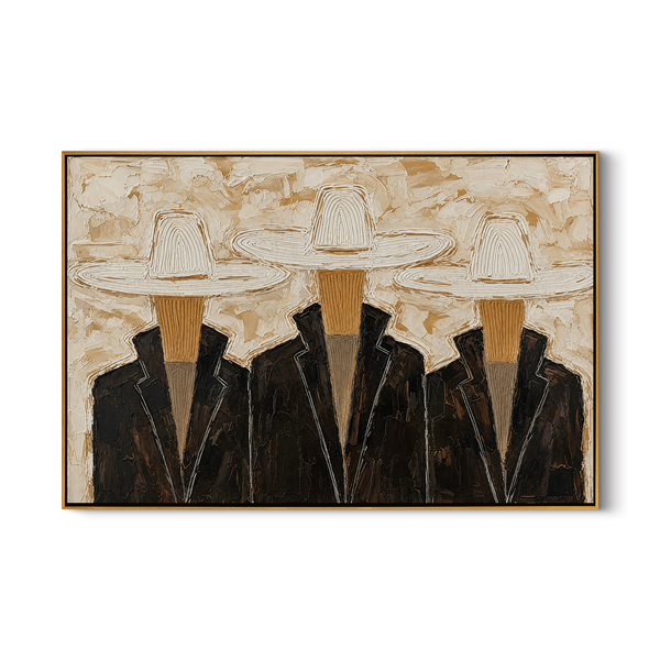 White Hats Stand – Vintage Americana Three Cowboys in White Sombreros Painting | Rustic Modern Living Room Art