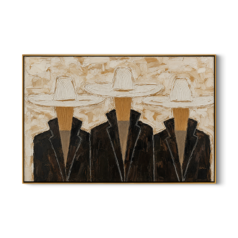 White Hats Stand – Vintage Americana Three Cowboys in White Sombreros Painting | Rustic Modern Living Room Art