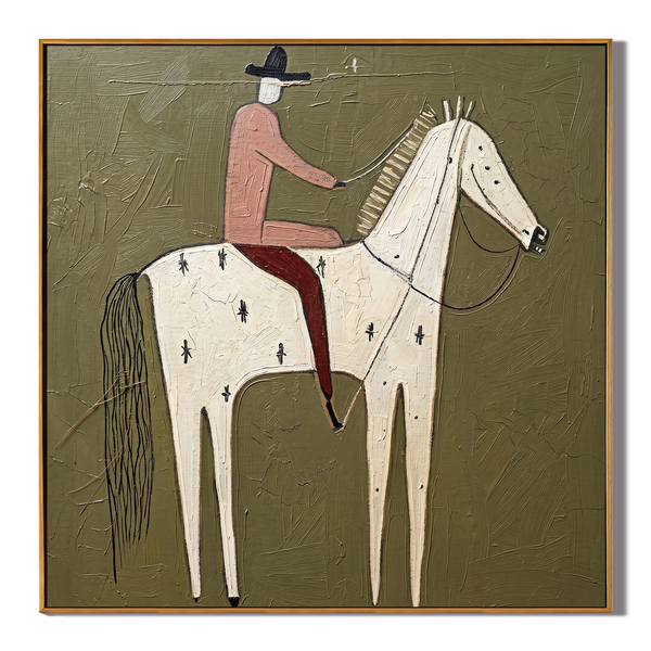 Pink Rider – Vintage Americana Cowboy on White Spotted Horse Painting | Colorful Boho Square Art