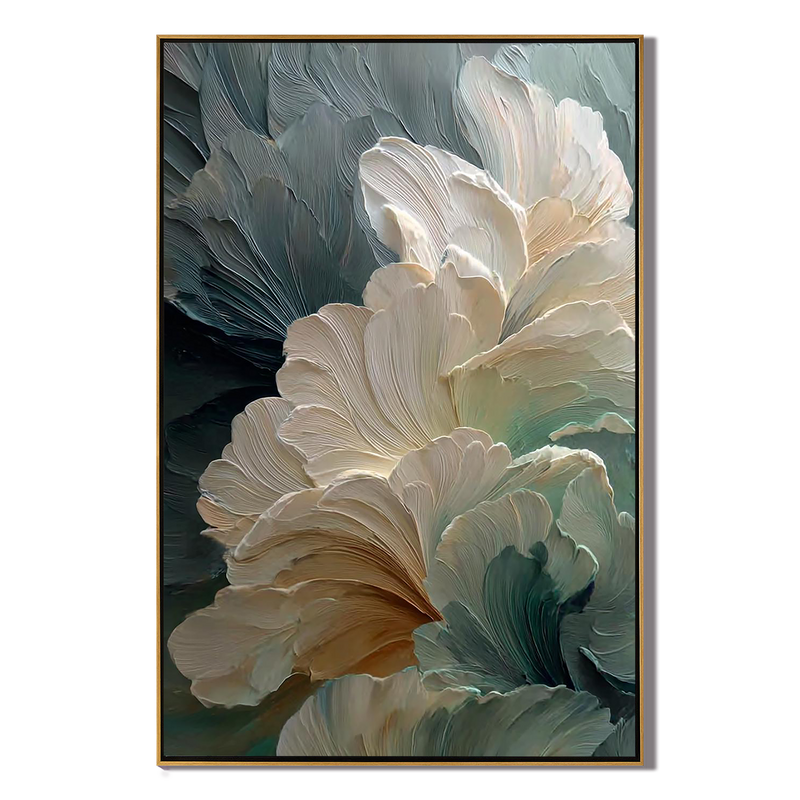 Glacier Bloom – Modern Abstract Morandi Floral Textured Painting | Luxury Impasto Bedroom Art