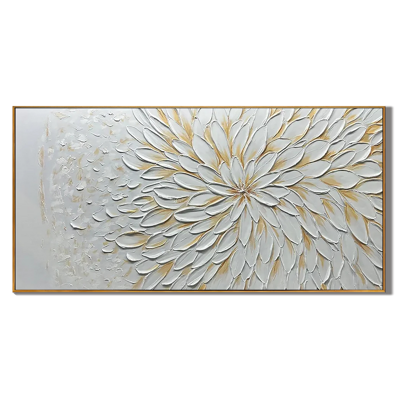 Eternal Radiance – 3D Impasto White Sunburst Heavy Texture Hand-Painted Floral Painting | Contemporary Botanical Bedroom & Living Room Art