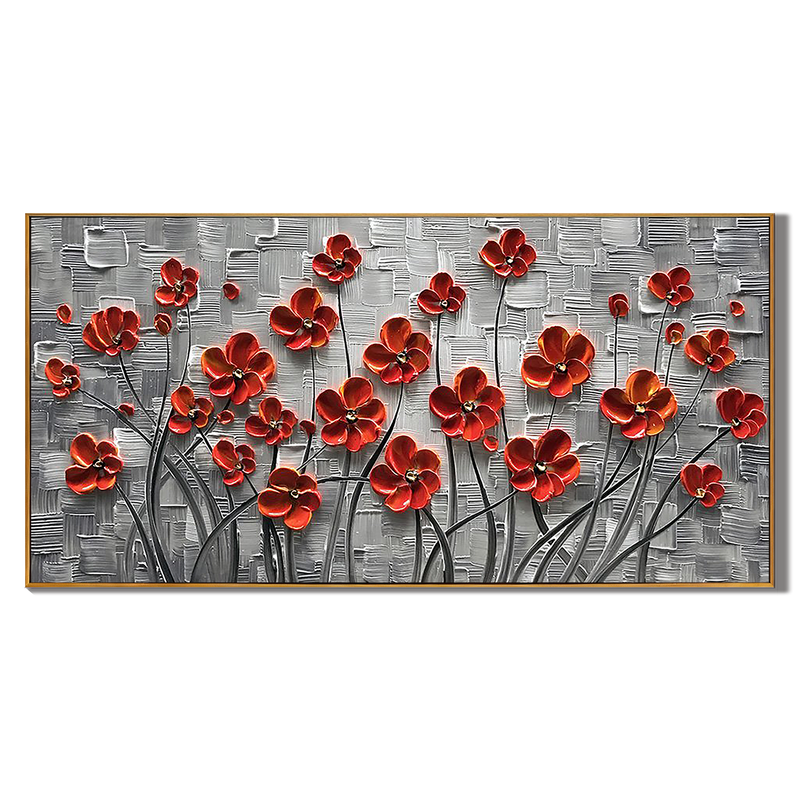 Scarlet Petals – Vibrant Red Flower Relief Floral Painting | Vibrant Botanical Living Room & Dining Room Art