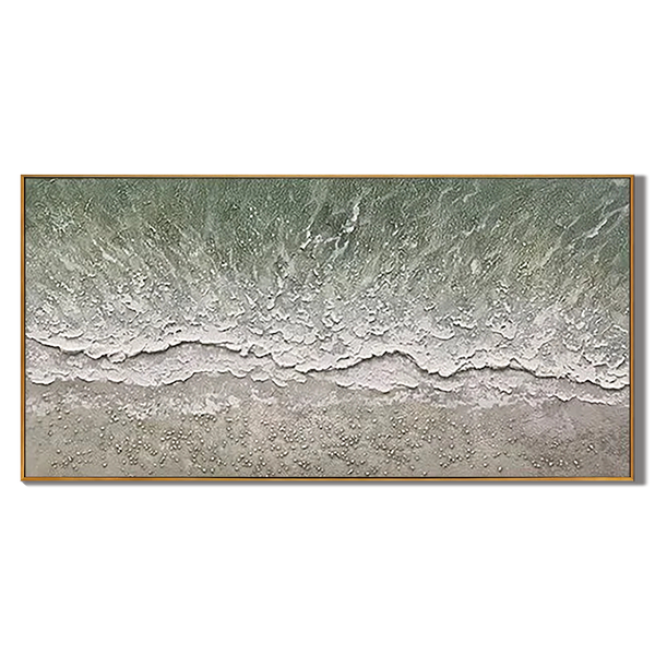 Tidal Whispers – Modern Coastal Sage Green Ocean Wave Painting | Horizontal Textured Living Room Art