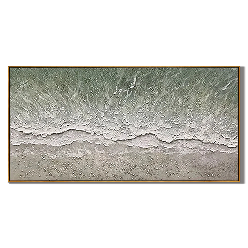 Tidal Whispers – Modern Coastal Sage Green Ocean Wave Painting | Horizontal Textured Living Room Art