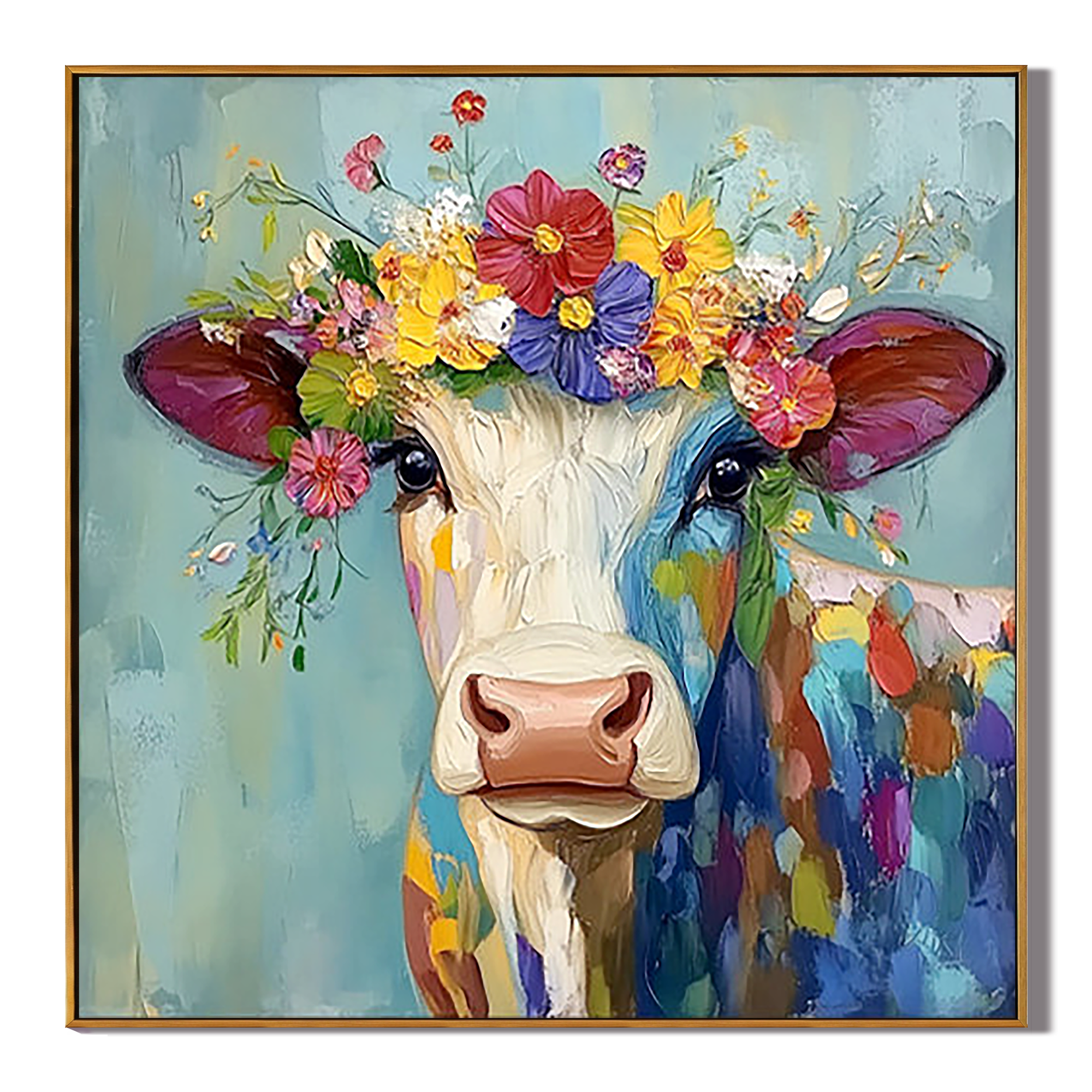 Floral Heifer – Vibrant Expressionist Cow with Floral Crown Painting | Modern Farmhouse Hallway Art