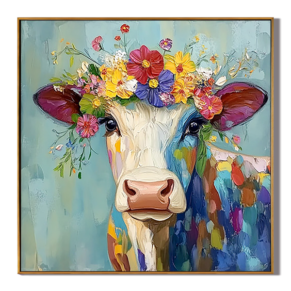 Floral Heifer – Vibrant Expressionist Cow with Floral Crown Painting | Modern Farmhouse Hallway Art