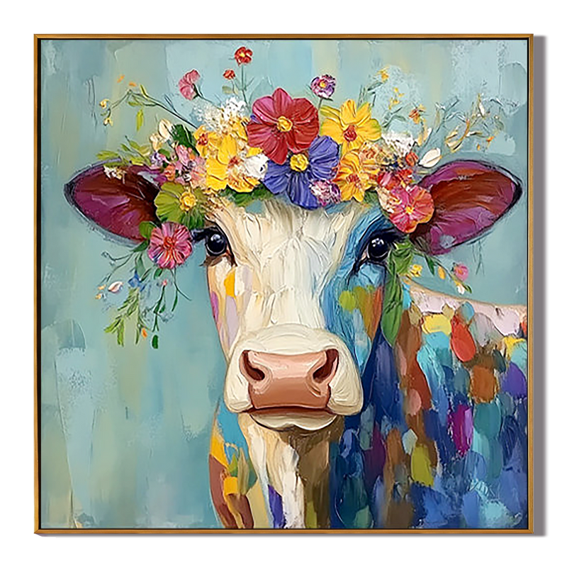 Floral Heifer – Vibrant Expressionist Cow with Floral Crown Painting | Modern Farmhouse Hallway Art
