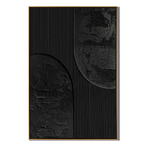 Midnight Silence – Hand-Painted Pure Black Plaster Effect Geometric Relief Wabi-Sabi Painting | Japandi Wabi-Sabi Living Room & Bedroom Art
