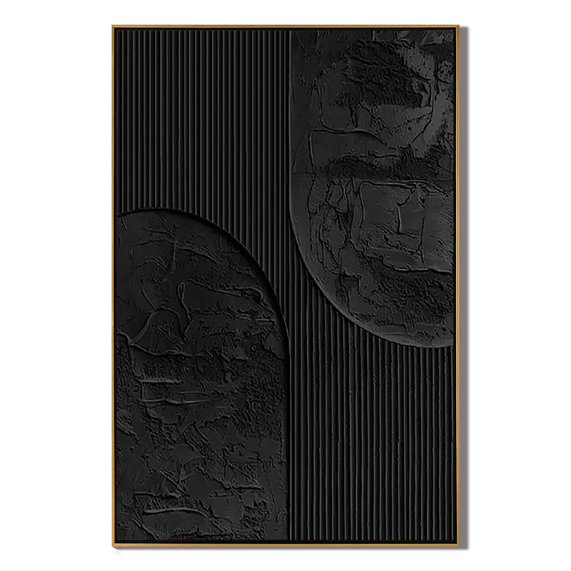 Midnight Silence – Hand-Painted Pure Black Plaster Effect Geometric Relief Wabi-Sabi Painting | Japandi Wabi-Sabi Living Room & Bedroom Art