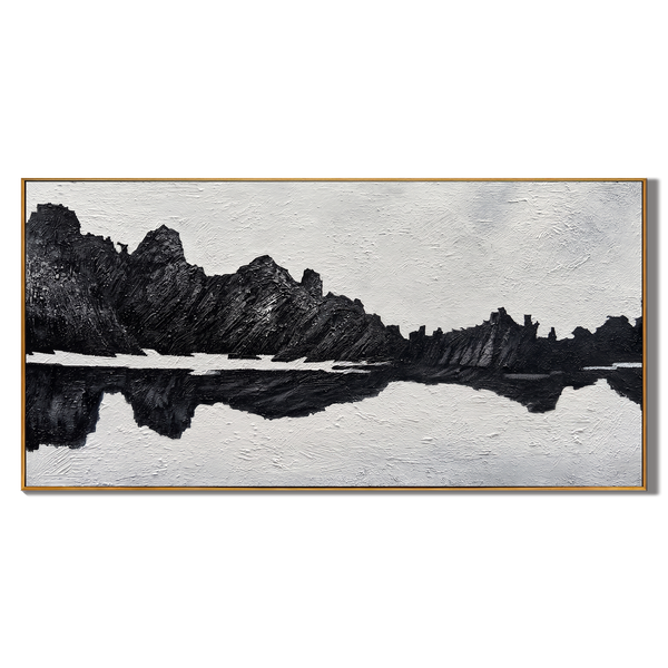 Silent Peaks – Black & White Minimalist Impasto Mountain Reflection | Modern Wabi-Sabi Office Art