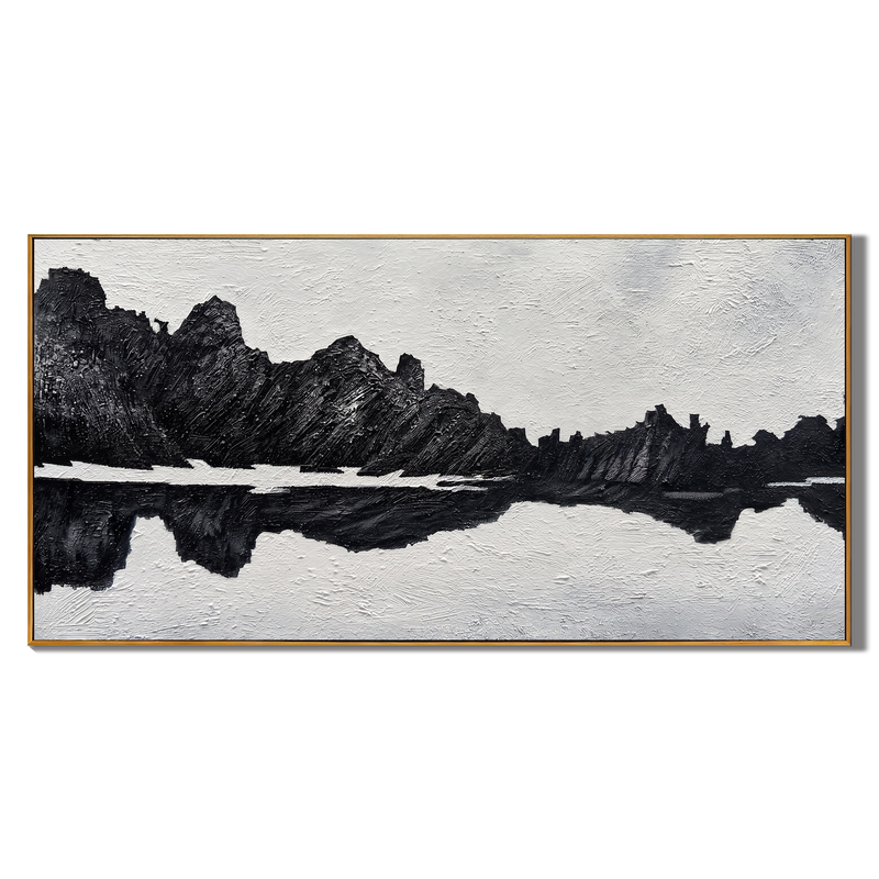 Silent Peaks – Black & White Minimalist Impasto Mountain Reflection | Modern Wabi-Sabi Office Art