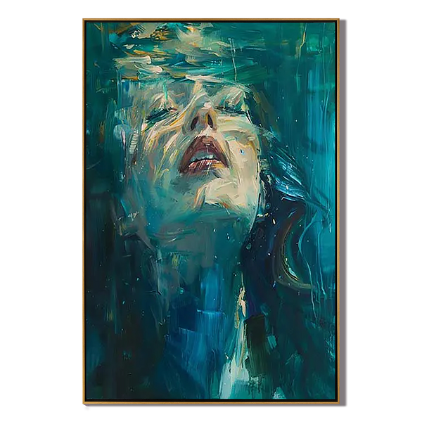 Aquatic Reverie – Hand-Painted Underwater Woman Figure Teal Blue Abstract Textured Oil Portrait Painting | Contemporary Expressionist Living Room & Office Art