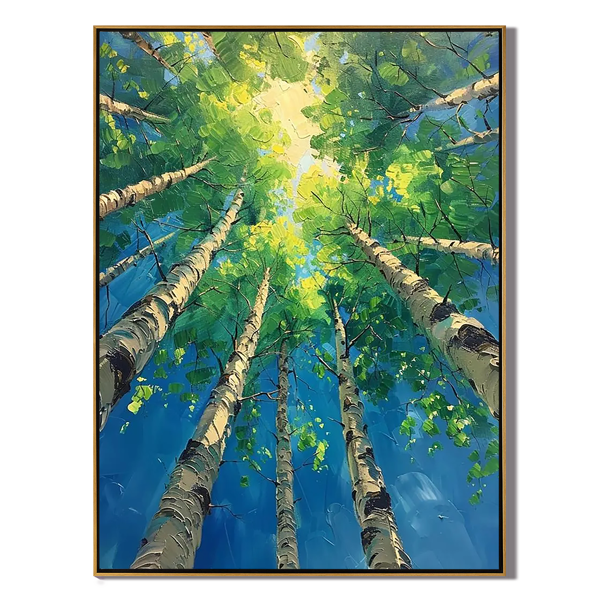 AZURE BIRCH: Nature Wall Art, Hand-Painted Looking Up Birch Forest Blue Sky Palette Knife Thick Textured Gallery Art
