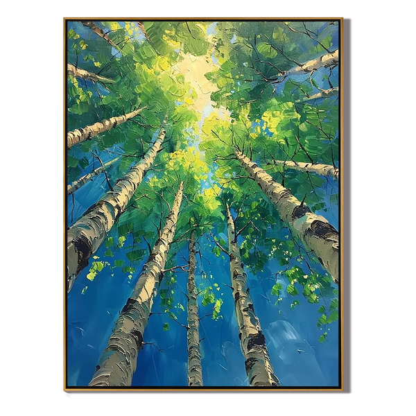 Azure Birch – Hand-Painted Looking Up Birch Forest Blue Sky Palette Knife Thick Nature Painting | Coastal Modern Living Room & Bedroom Art