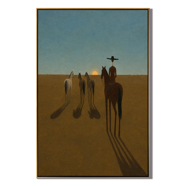 Leading Home – Vintage Americana Cowboy Driving Horses at Sunset Painting | Atmospheric Western Living Room Art