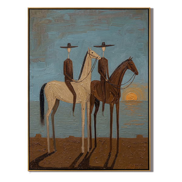 Sunset Pair – Vintage Americana Two Riders at Dusk Painting | Atmospheric Western Living Room Art