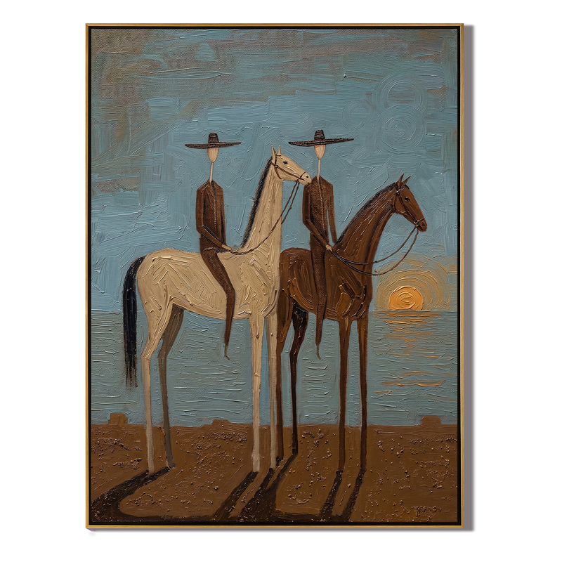 Sunset Pair – Vintage Americana Two Riders at Dusk Painting | Atmospheric Western Living Room Art