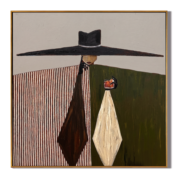 The Midnight Monologue – Surrealistic Modern Woman with Over-sized Hat Painting | Retro Elegant Living Room Art