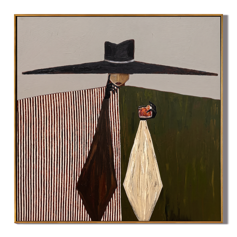 The Midnight Monologue – Surrealistic Modern Woman with Over-sized Hat Painting | Retro Elegant Living Room Art