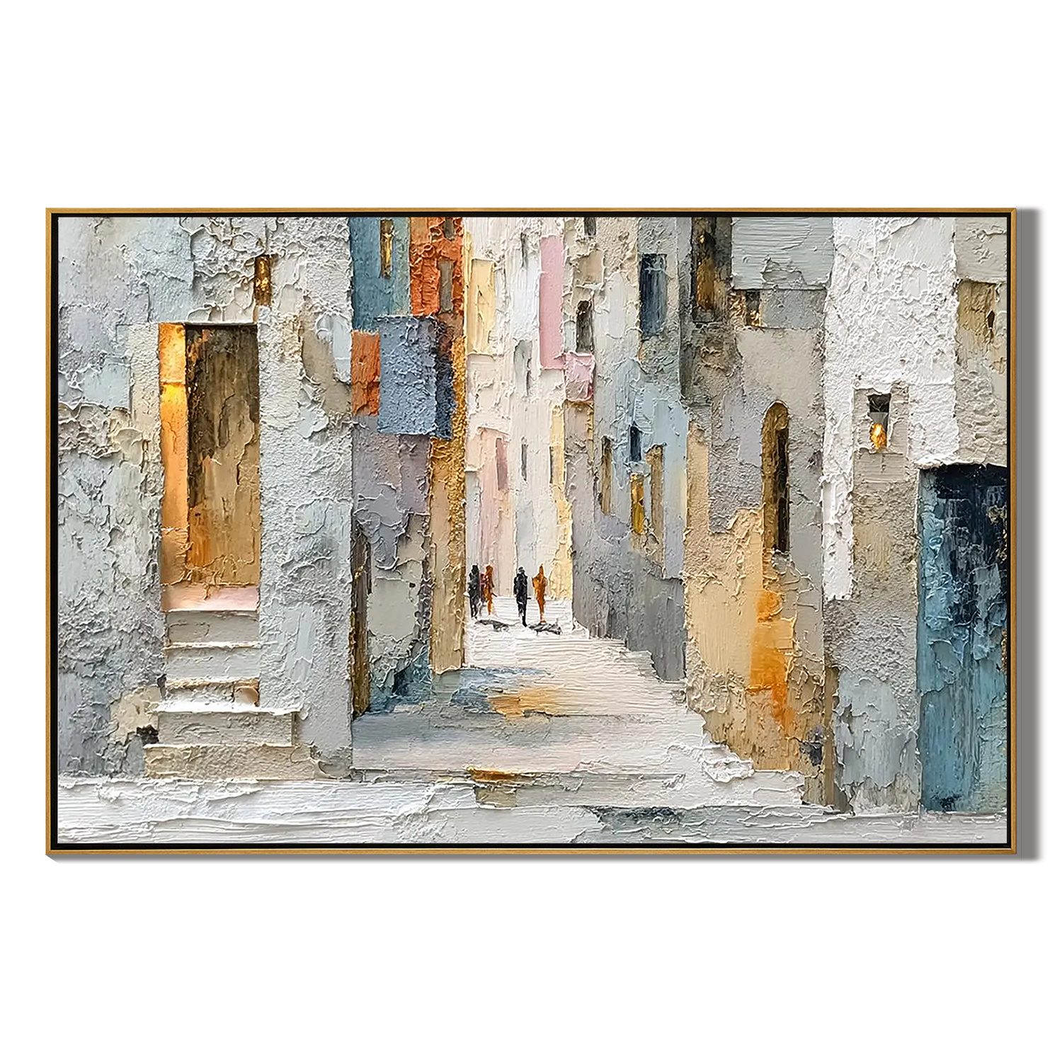 COBBLESTONE PATH: Cityscape Wall Art, Hand-Painted European Village Street Plaster Effect Palette Knife Textured Canvas Painting