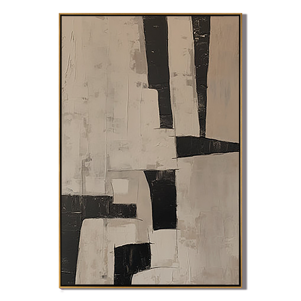 Urban Contour – Hand-Painted Charcoal Grey and Beige Geometric Block Abstract Painting | Industrial Abstract Home Office & Living Room Art