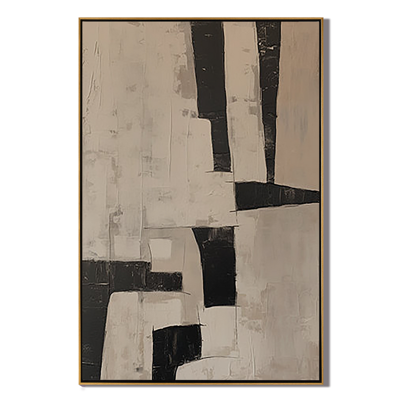 Urban Contour – Hand-Painted Charcoal Grey and Beige Geometric Block Abstract Painting | Industrial Abstract Home Office & Living Room Art