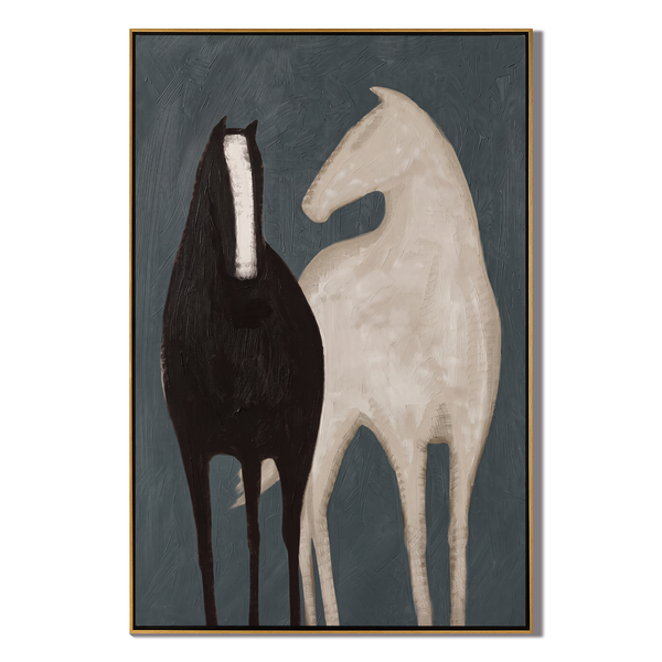 Steel & Ivory – Vintage Americana Abstract Horse Pair Painting | Contemporary Minimalist Bedroom Art