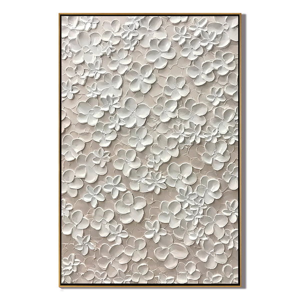 Pure Blossom – Hand-Painted All-Over White Flower Relief 3D Plaster Effect Floral Painting | Contemporary Botanical Bedroom & Living Room Art