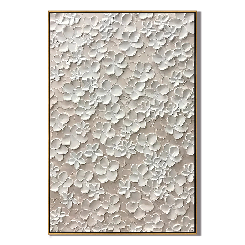 Pure Blossom – Hand-Painted All-Over White Flower Relief 3D Plaster Effect Floral Painting | Contemporary Botanical Bedroom & Living Room Art