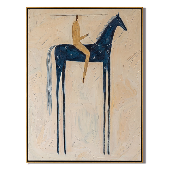 The Blue Lance – Vintage Americana Native Rider on Blue Horse Painting | Wabi-Sabi Living Room Art
