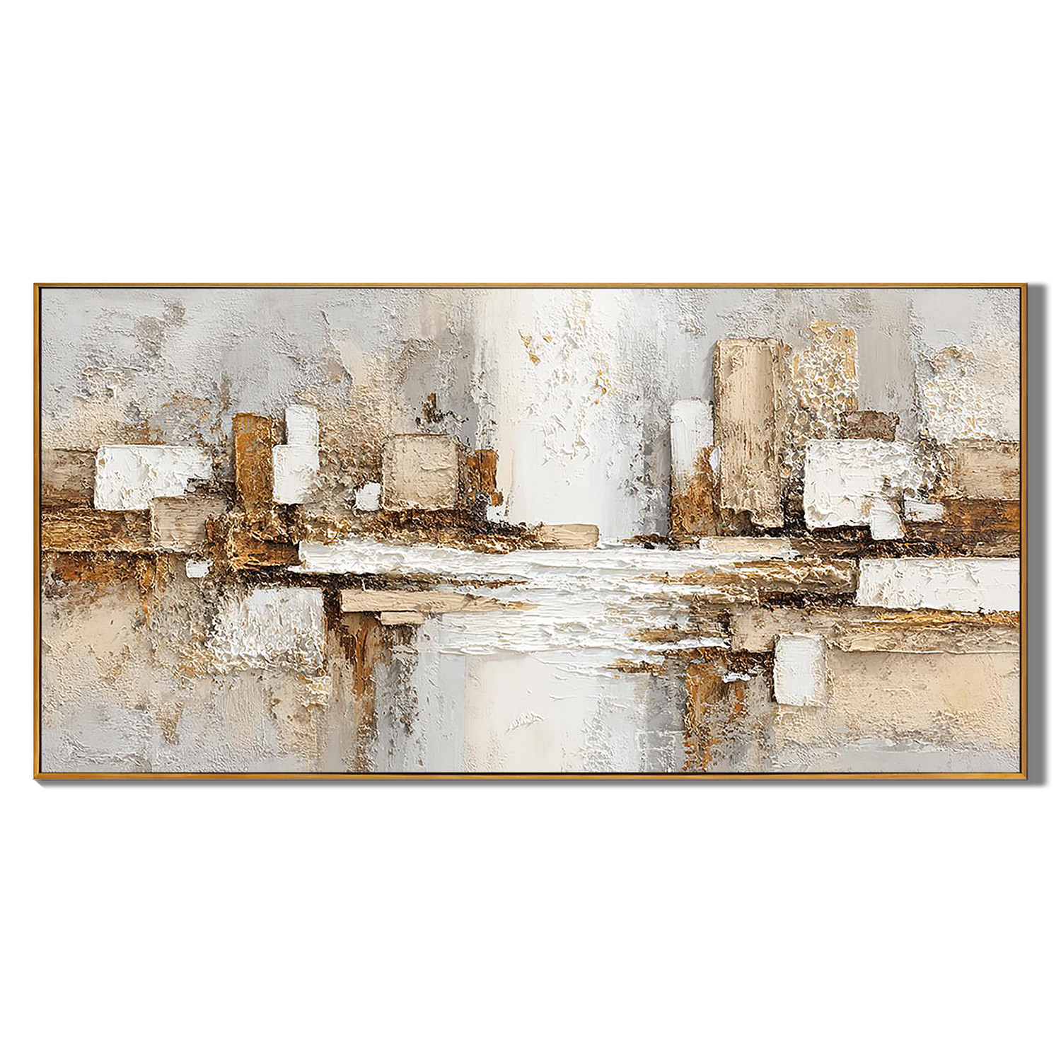 URBAN GLIMPSE: Panoramic 3D Heavy Texture Abstract Wall Art, Modern Gold & Neutral Relief