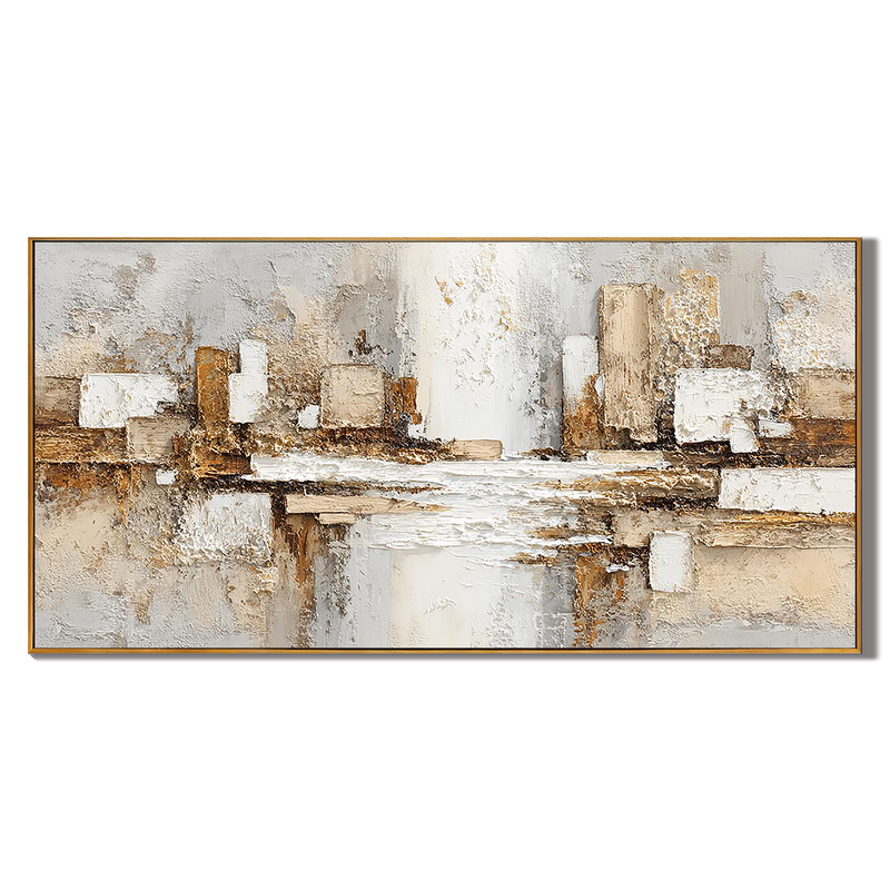 Urban Glimpse – Modern Gold & Neutral Relief Abstract Painting | Modern Abstract Living Room & Office Art