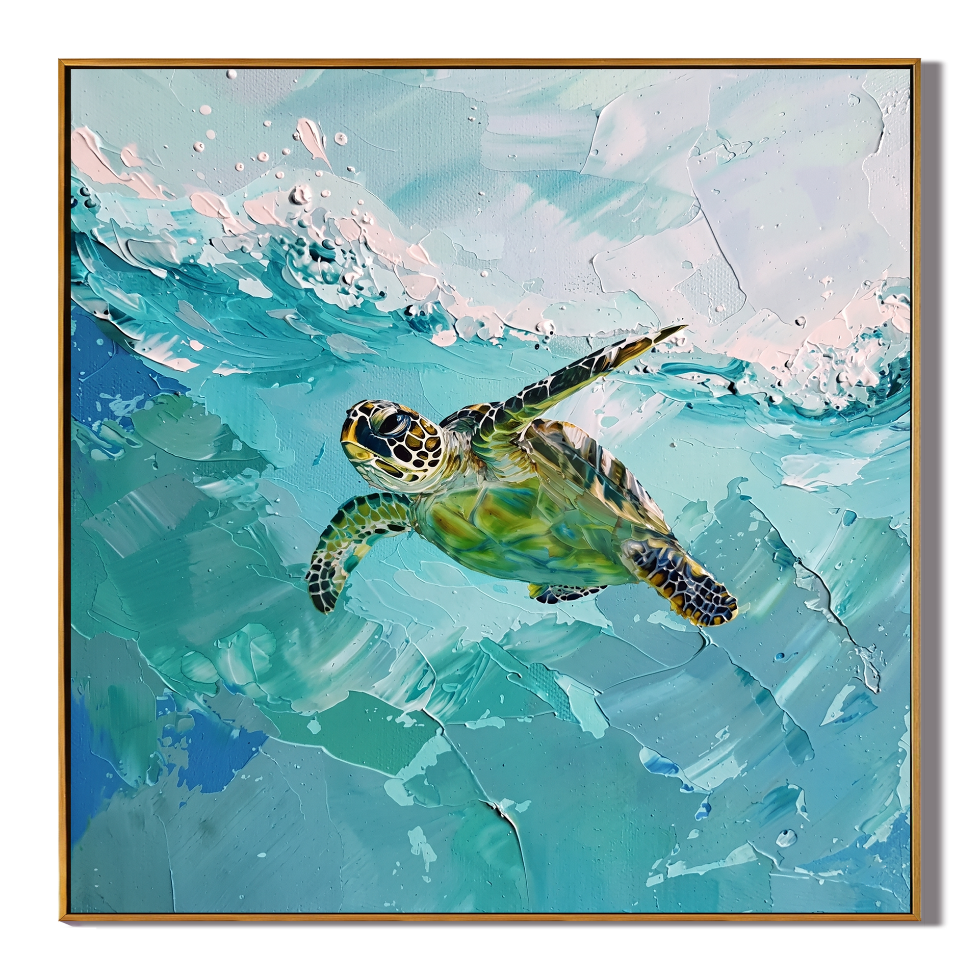 Azure Voyager – Modern 3D Heavy Impasto Sea Turtle Oil Painting | Ocea