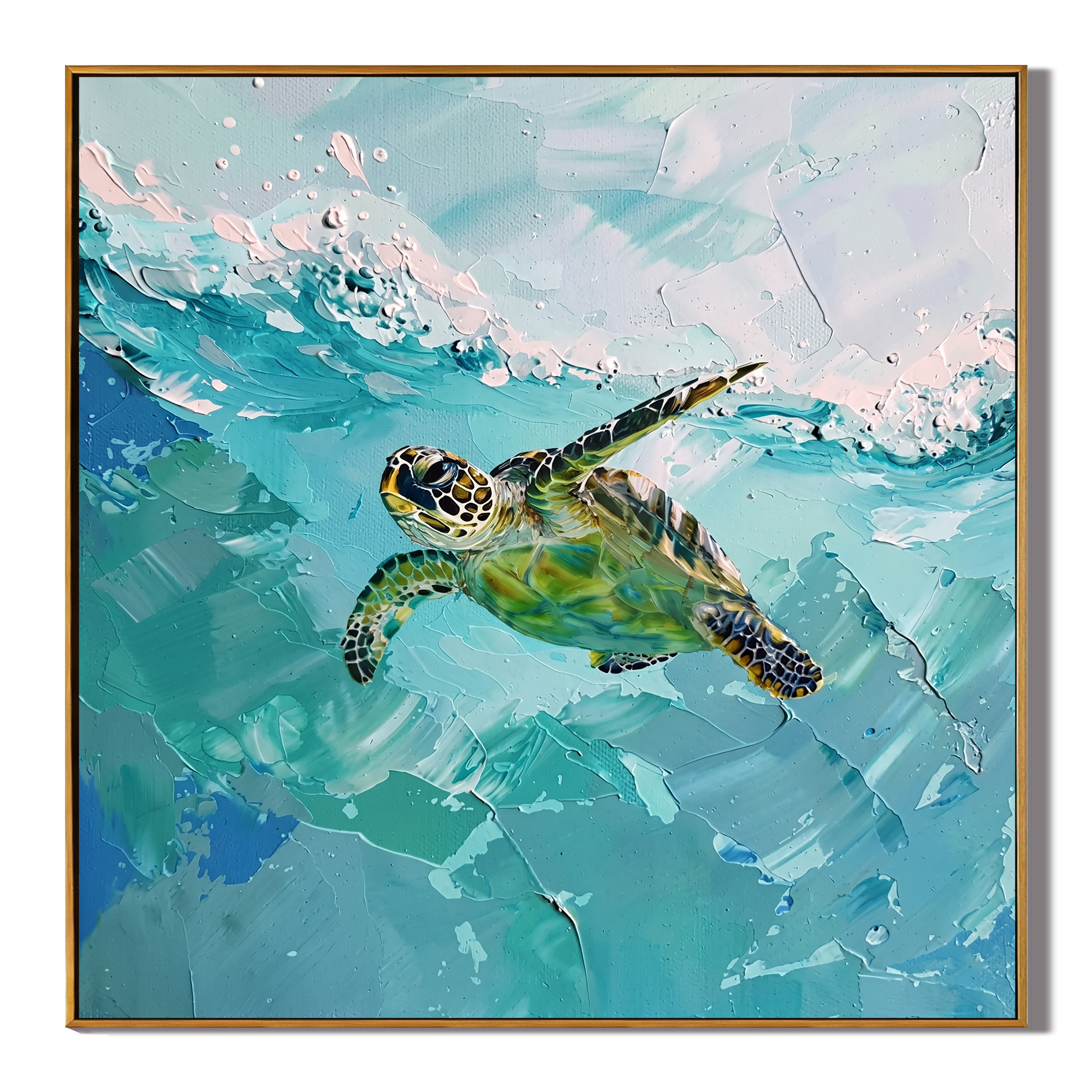Azure Voyager – Modern 3D Heavy Impasto Sea Turtle Oil Painting | Ocean Themed Textured Hallway Decor