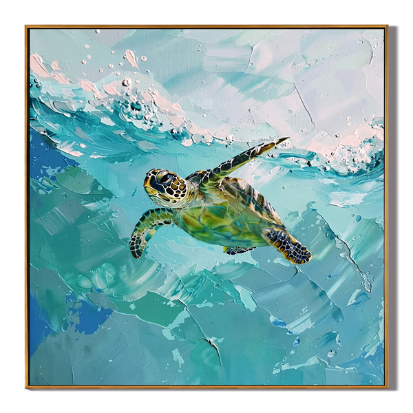 Azure Voyager – Modern 3D Heavy Impasto Sea Turtle Oil Painting | Ocean Themed Textured Hallway Decor
