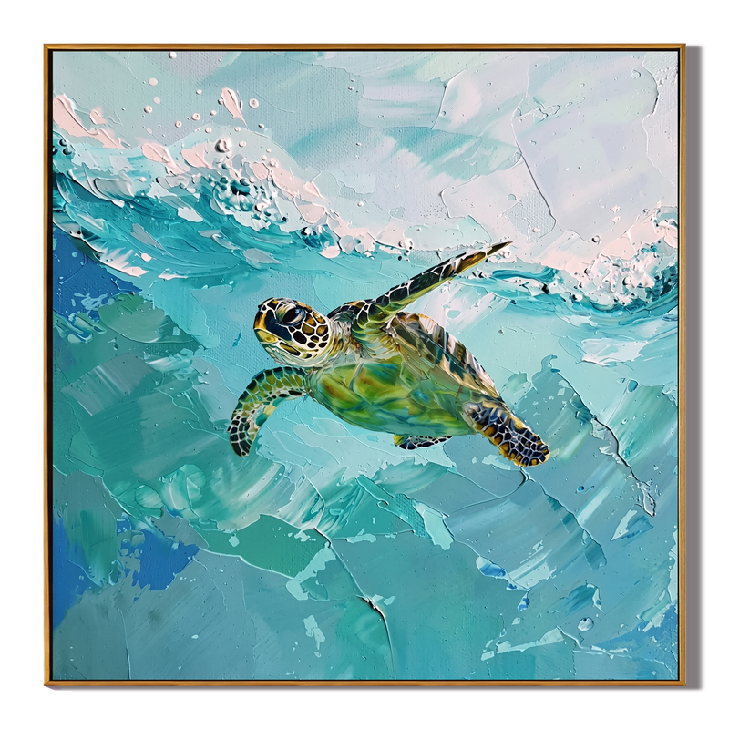 Azure Voyager – Modern 3D Heavy Impasto Sea Turtle Oil Painting | Ocean Themed Textured Hallway Decor