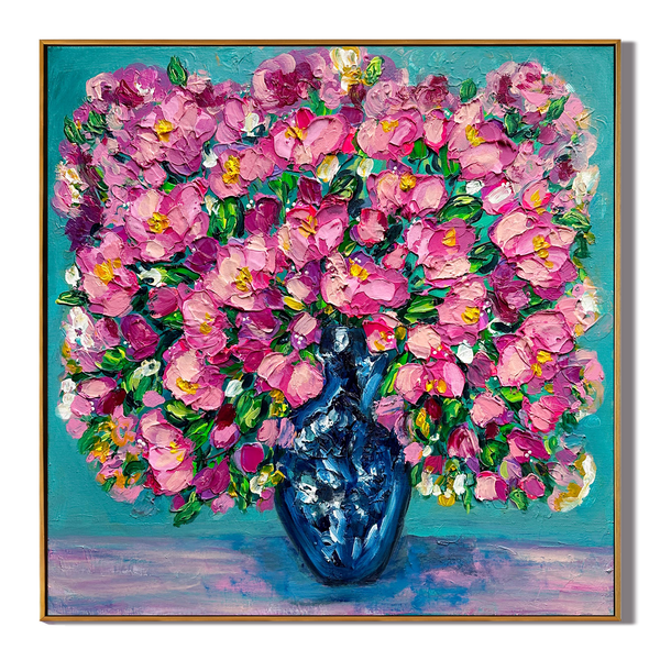 Royal Bouquet – Pink Peony Relief in Teal Vase Floral Painting | Contemporary Botanical Bedroom & Living Room Art