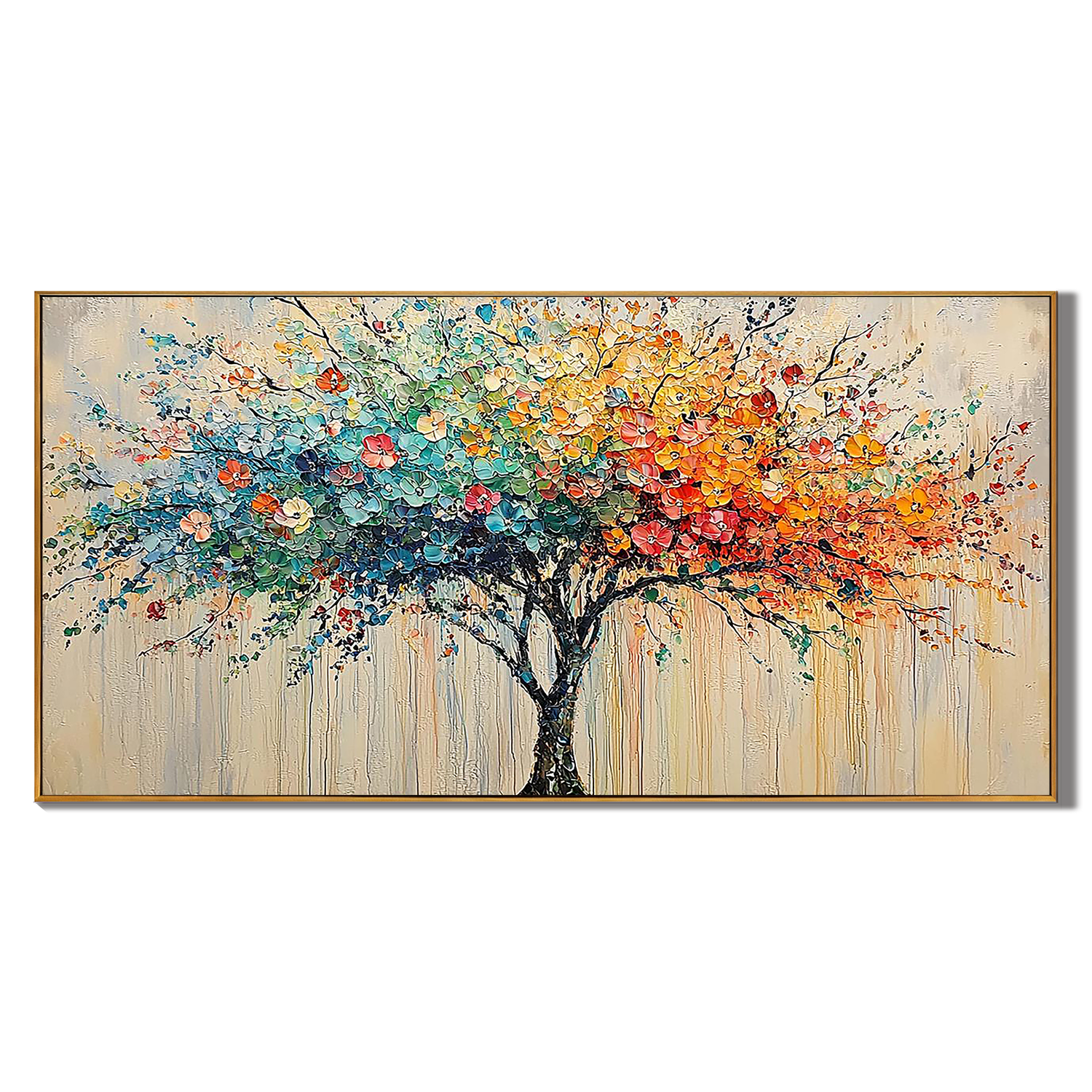 COLORFUL HARMONY: Panoramic Impressionist Tree Painting, Vibrant Dot-style Landscape Art