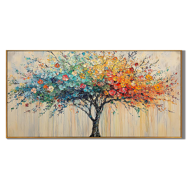 Colorful Harmony – Vibrant Dot-style Landscape Panoramic Painting | Contemporary Landscape Living Room & Dining Room Art