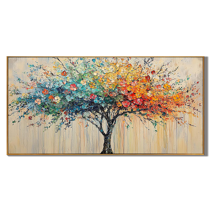 Colorful Harmony – Vibrant Dot-style Landscape Panoramic Painting | Contemporary Landscape Living Room & Dining Room Art