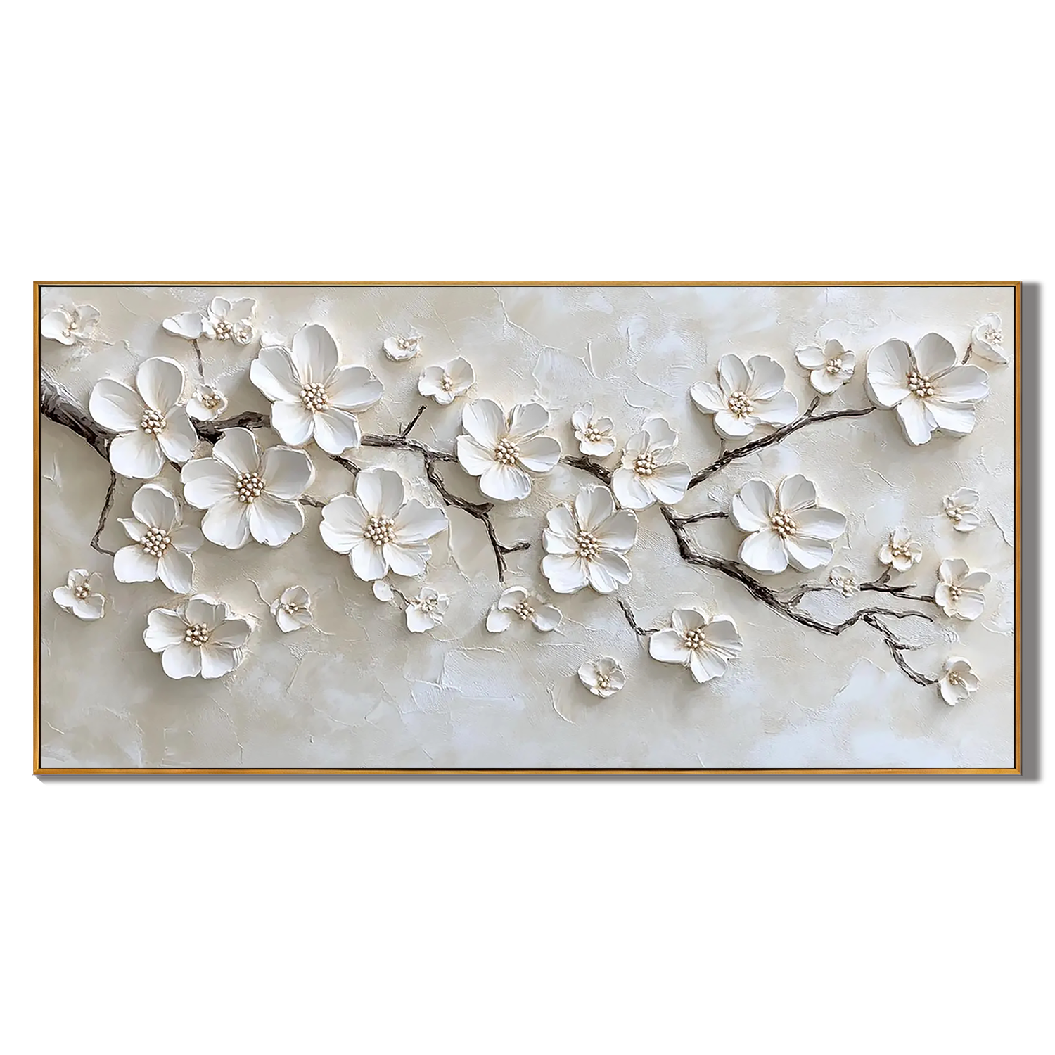 Serene Blossoms – Modern Luxury Creamy Beige Blossom Tree Painting |Horizontal Textured Dining Room Art