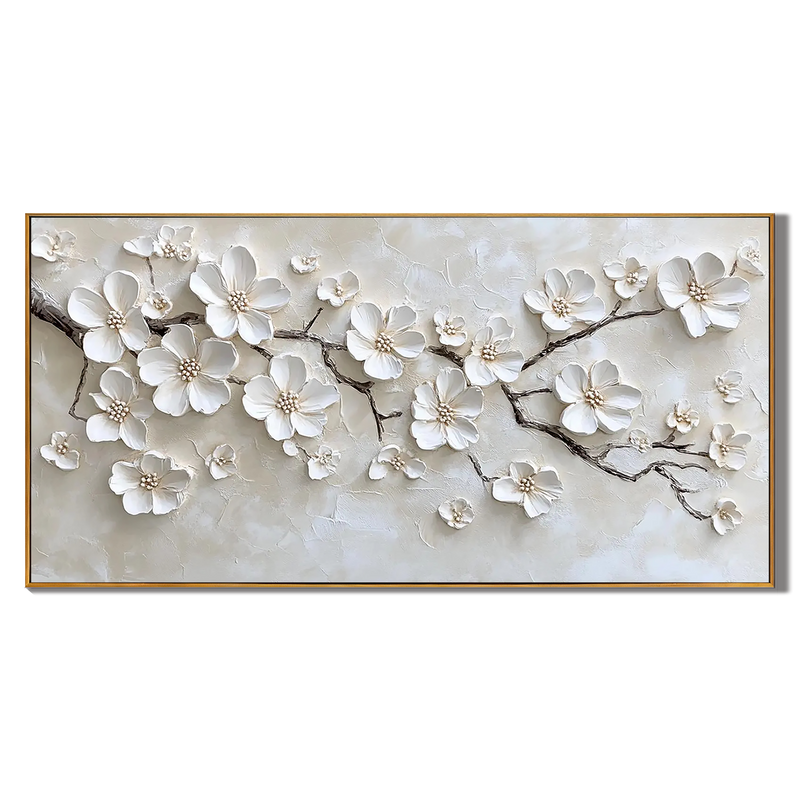 Serene Blossoms – Modern Luxury Creamy Beige Blossom Tree Painting |Horizontal Textured Dining Room Art