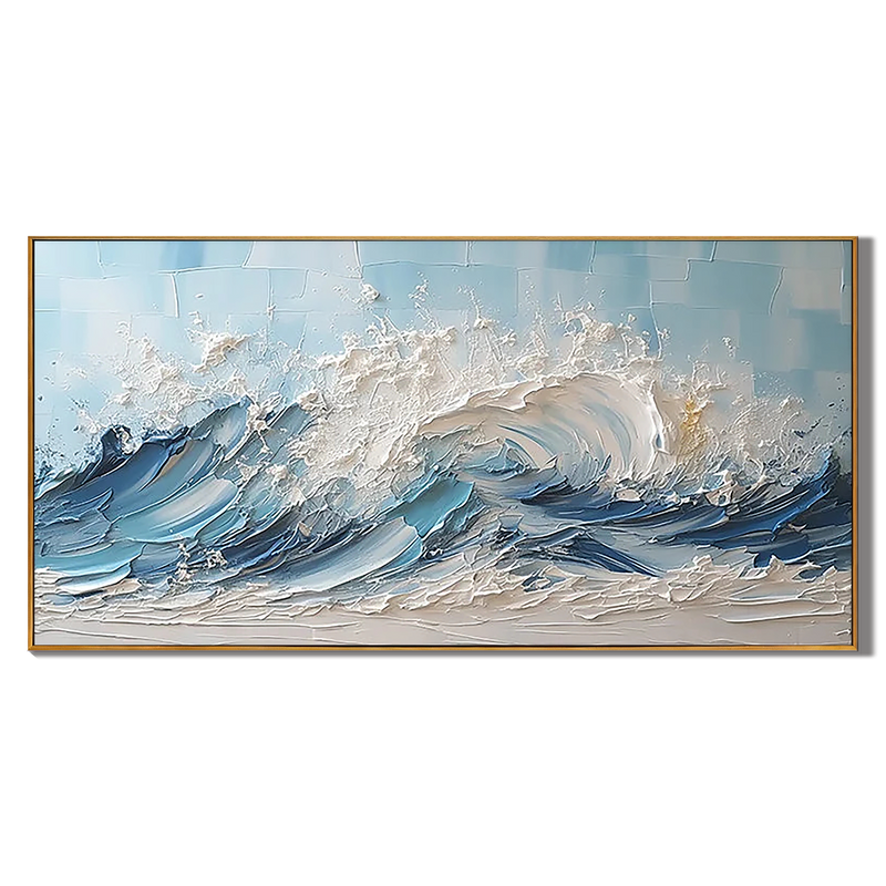 Azure Rage – Hand-Painted Deep Blue Ocean Wave 3D Plaster Effect Seascape Painting | Coastal Modern Living Room & Bedroom Art