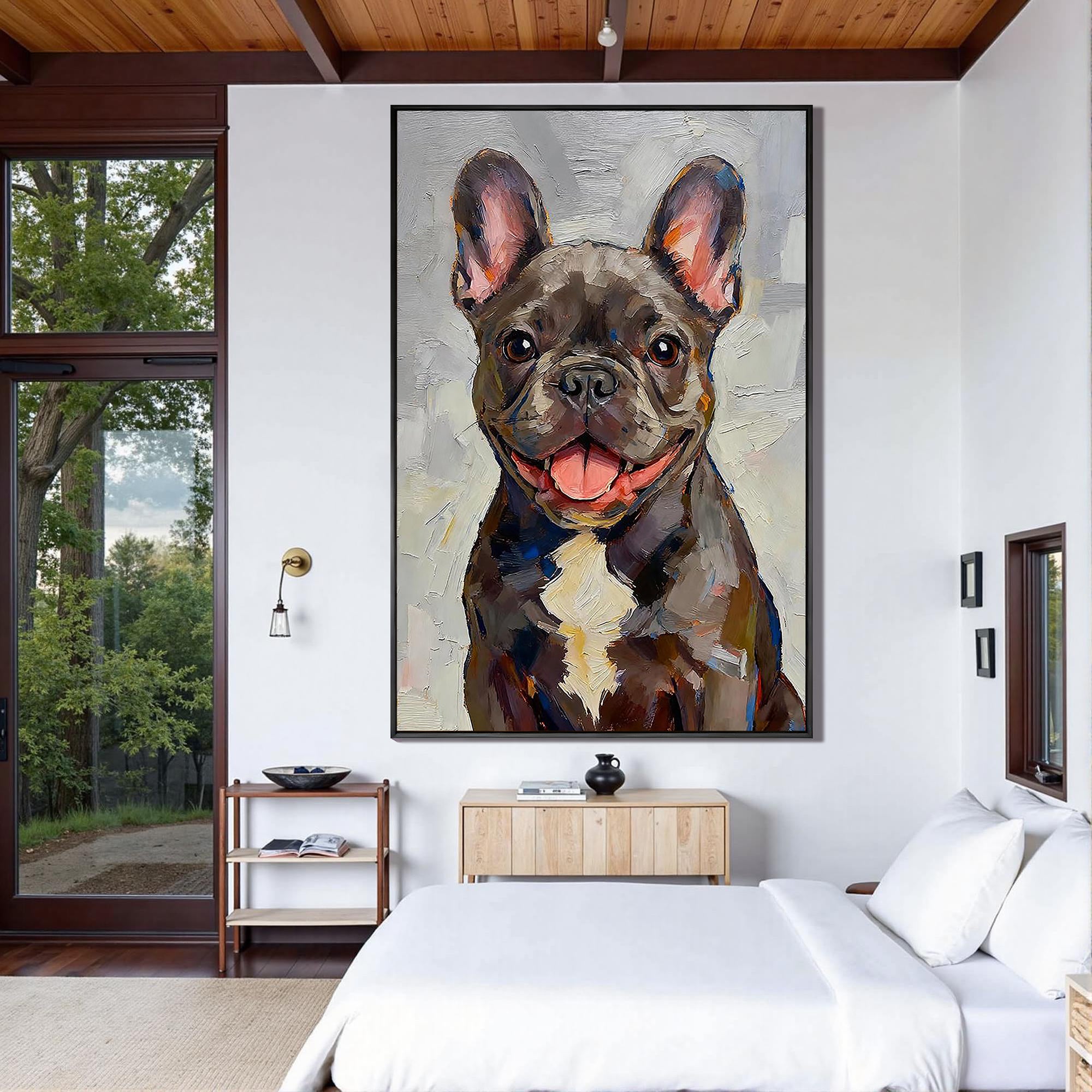 The Joyful Frenchie – Modern Impasto French Bulldog Texture Painting | Vibrant Living Room Art